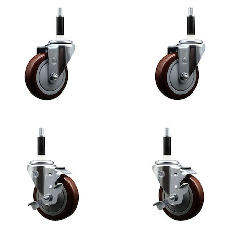 Service Caster 4'' Maroon Poly Wheel Swivel 7/8'' Expanding Stem Caster Set 2 Brakes, 4PK SCC-EX20S414-PPUB-MRN-2-TLB-2-78